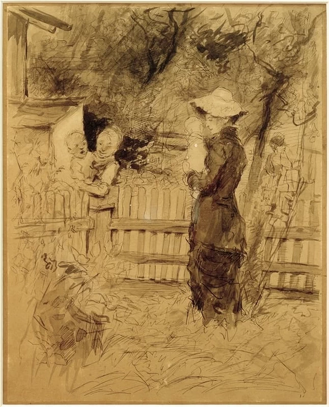 Donne con bambini in braccio in giardino, 1882